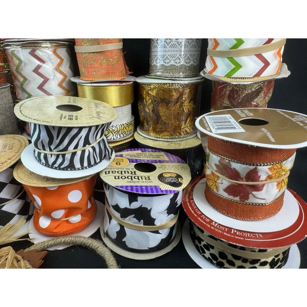 Lot Of 30+ Fall/Halloween Craft Wired Ribbon New & Used